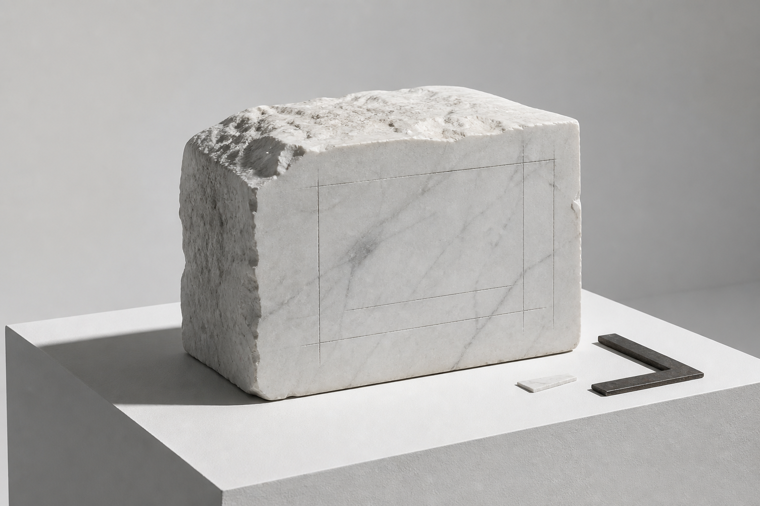 A Carrara block with an incised plan on a square plinth. The brief, before the build.